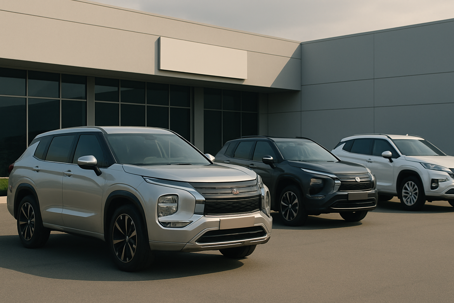 Three angular, futuristic SUVs in silver, navy and white are parked on smooth pavement before a modern grey building