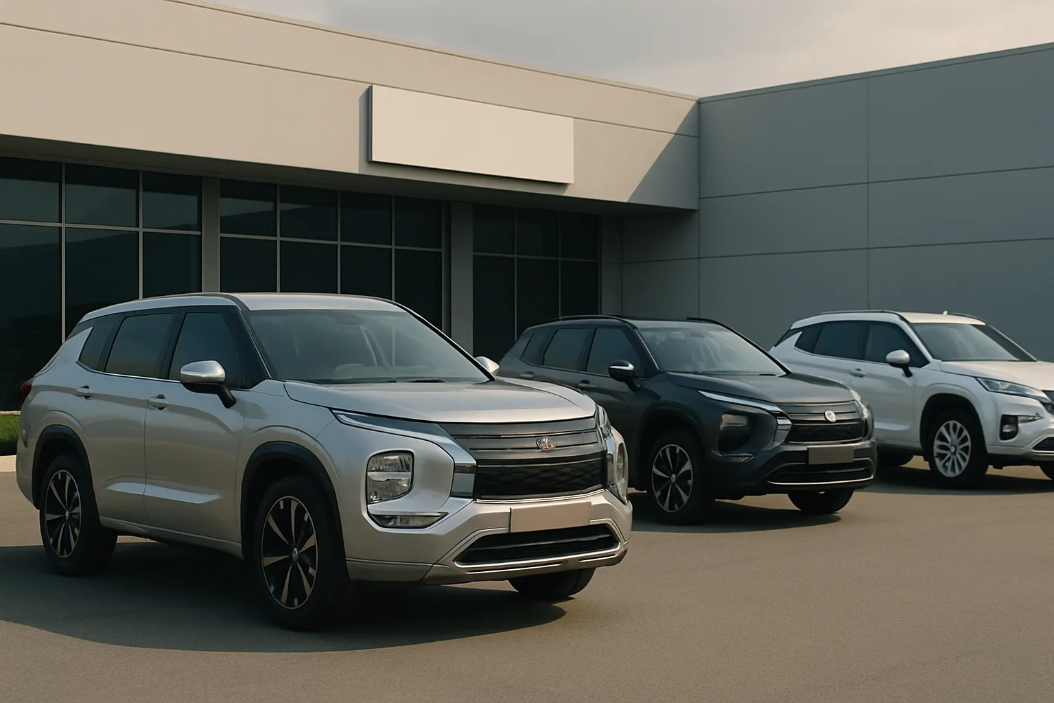 Three angular, futuristic SUVs in silver, navy and white are parked on smooth pavement before a modern grey building