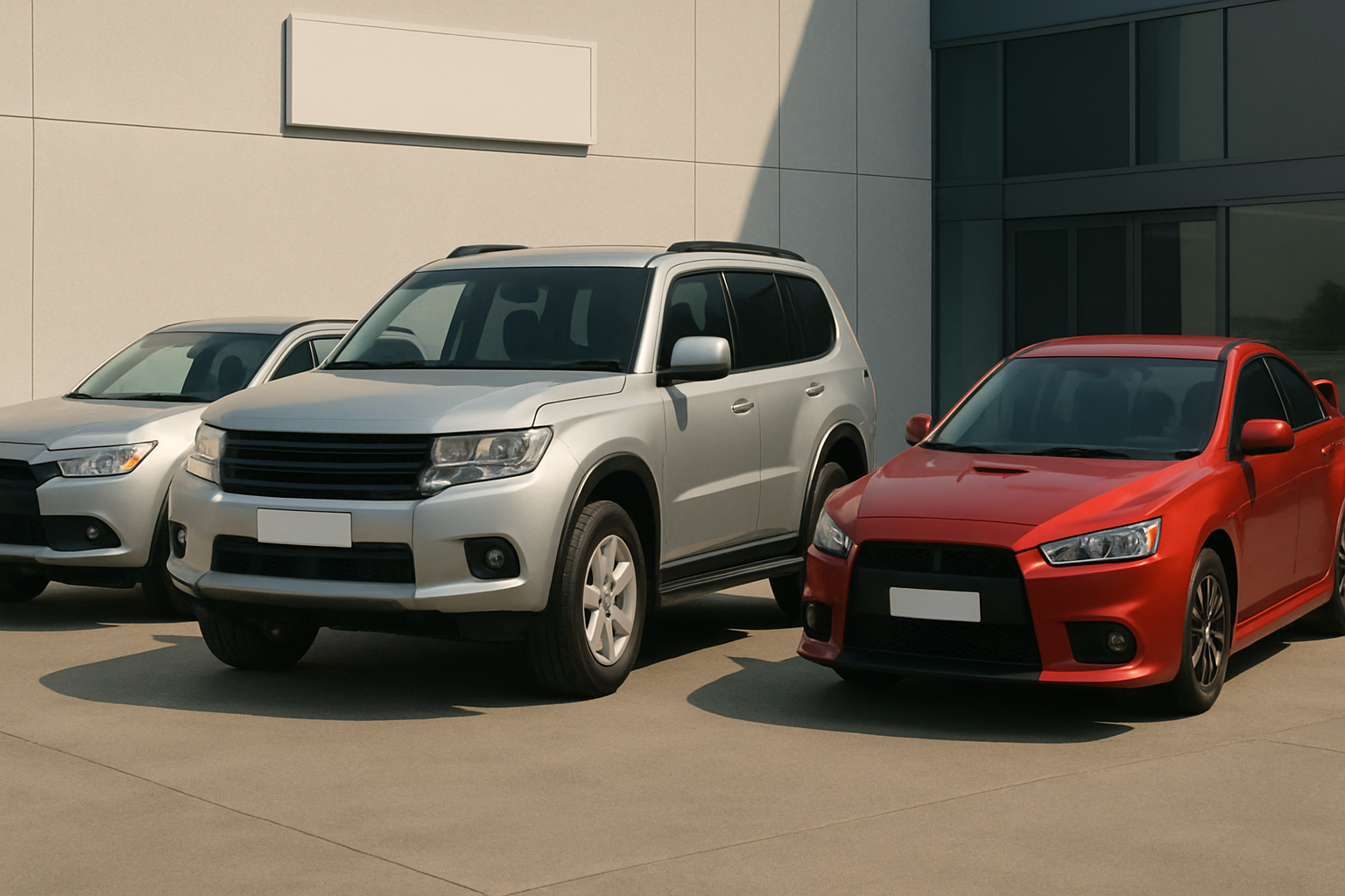 Three modern vehicles in silver, grey and red are parked on clean pavement beside a contemporary glass building