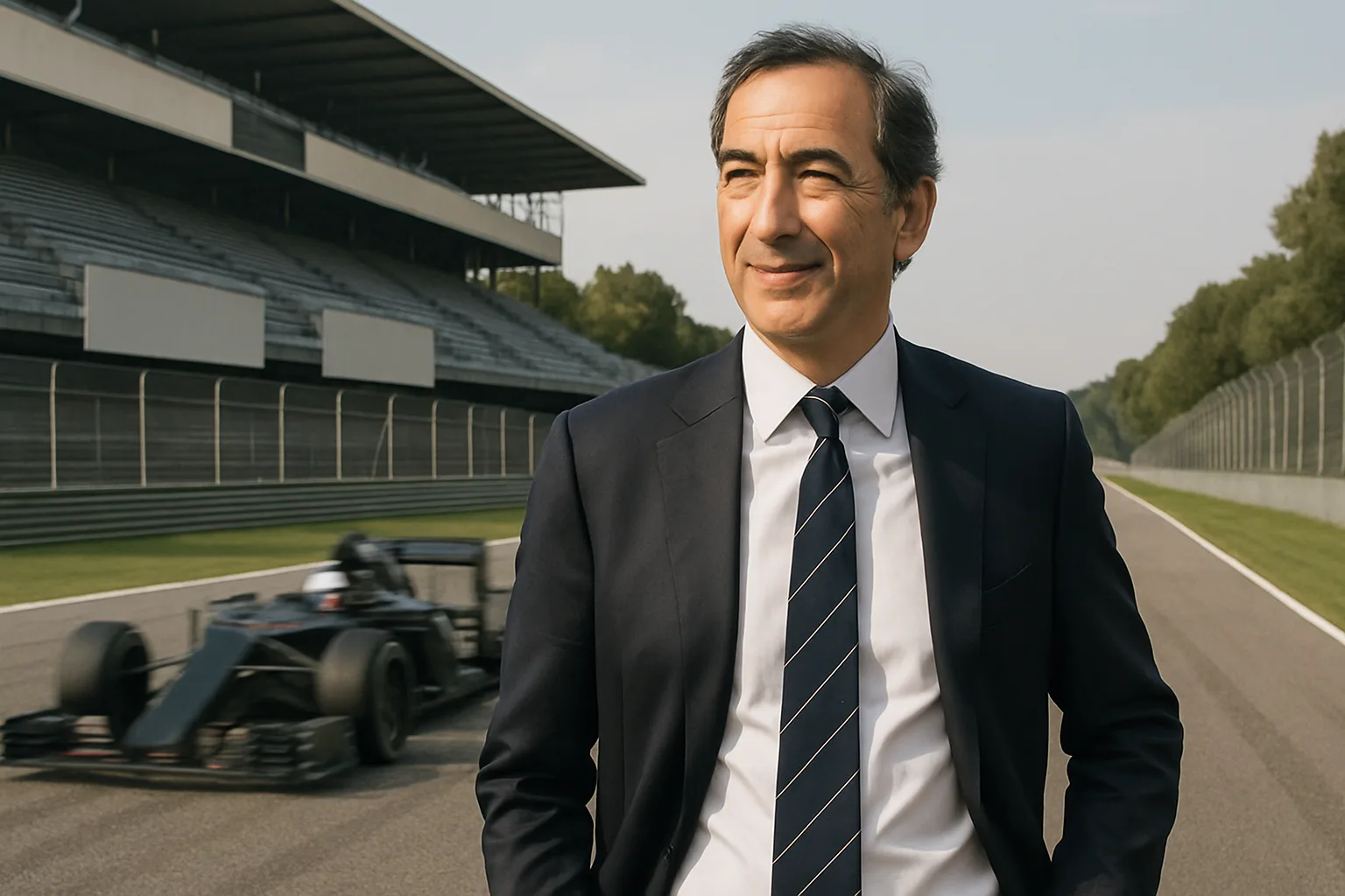 A man in a dark suit with a striped tie stands on a racetrack with empty grandstands and a blurred racecar passing behind him