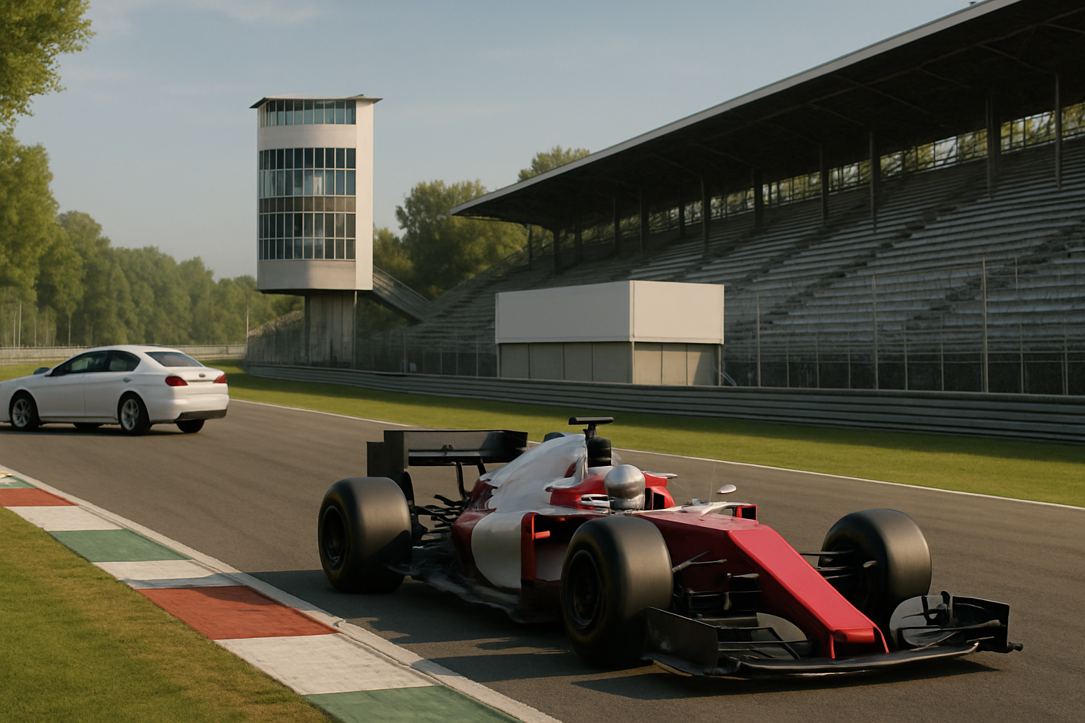 Red open-wheel race car and white sedan on a racetrack beside empty grandstands in soft morning light