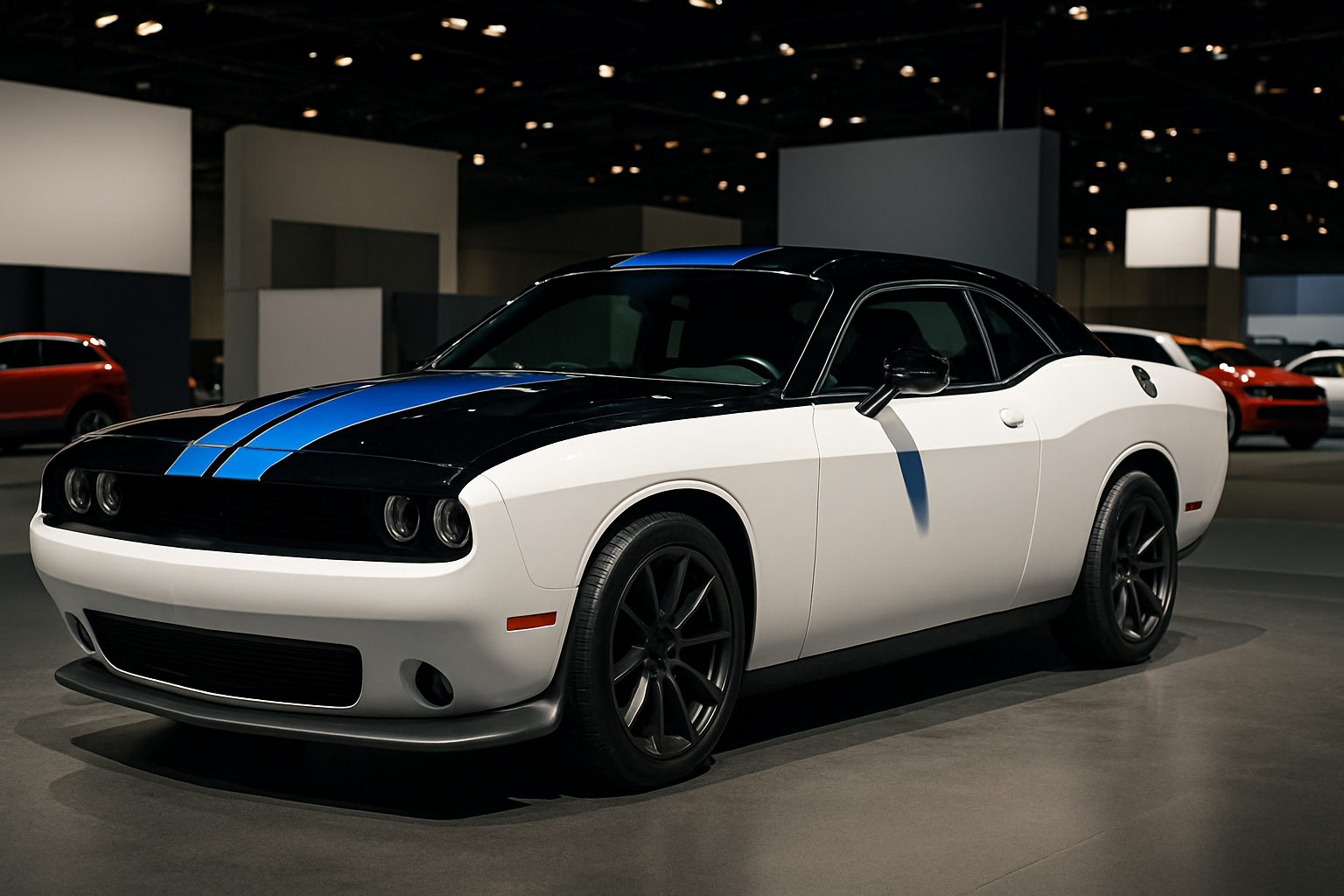 A white coupe with black wheels, a glossy black hood, and bright blue racing stripes under bright indoor lights