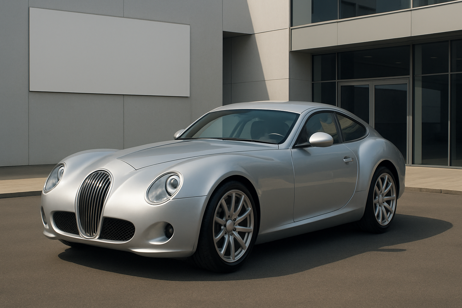 Sleek silver coupe with smooth curves, large front grille, round headlights and alloy wheels parked by a modern building