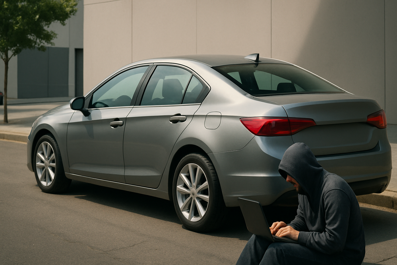 A silver sedan parked on a street beside a person in a hoodie using a laptop, with shadows cast on the asphalt