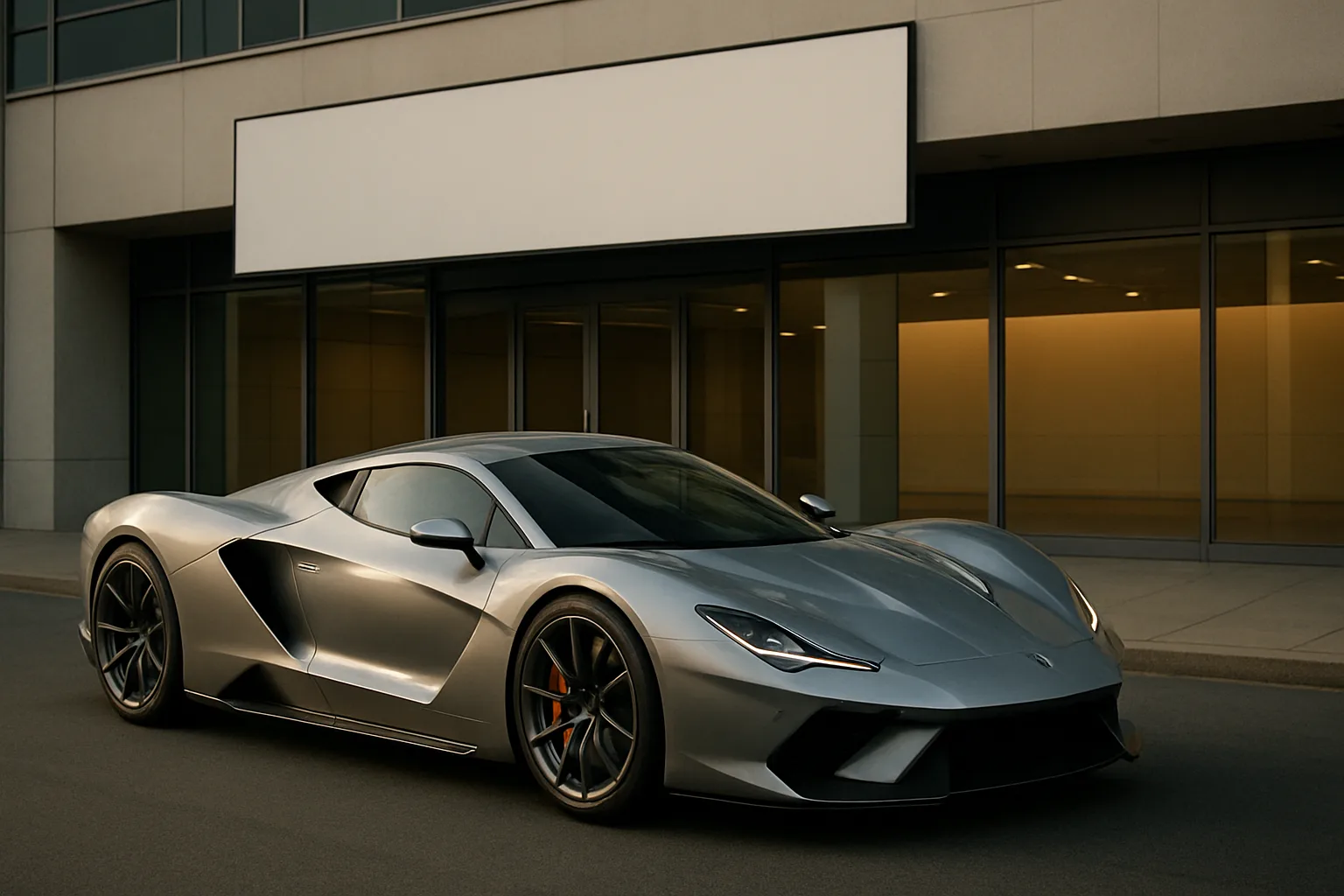 Low, wide silver sports car with sharp lines and dark tinted windows parked beside a modern glass-fronted building