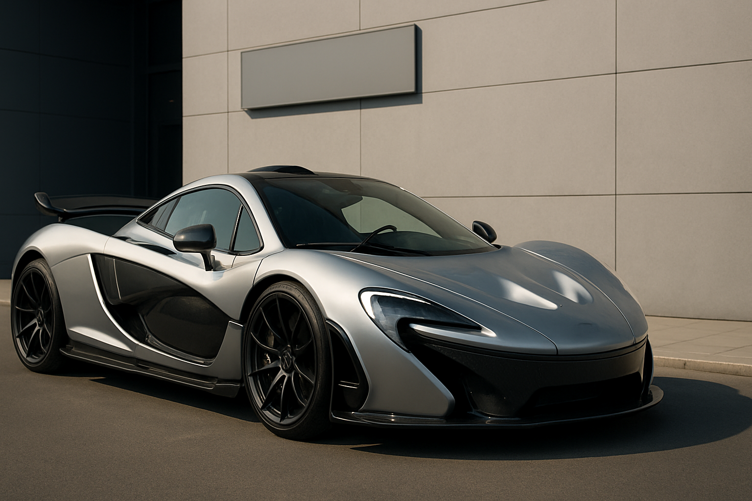 Sleek silver hypercar with glossy black accents parked on smooth asphalt against a minimalist grey wall in soft daylight