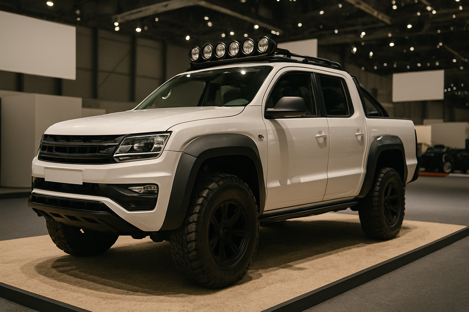 White pickup truck with large off-road tires, black trim, roof-mounted spotlights and matte black roll bar displayed indoors