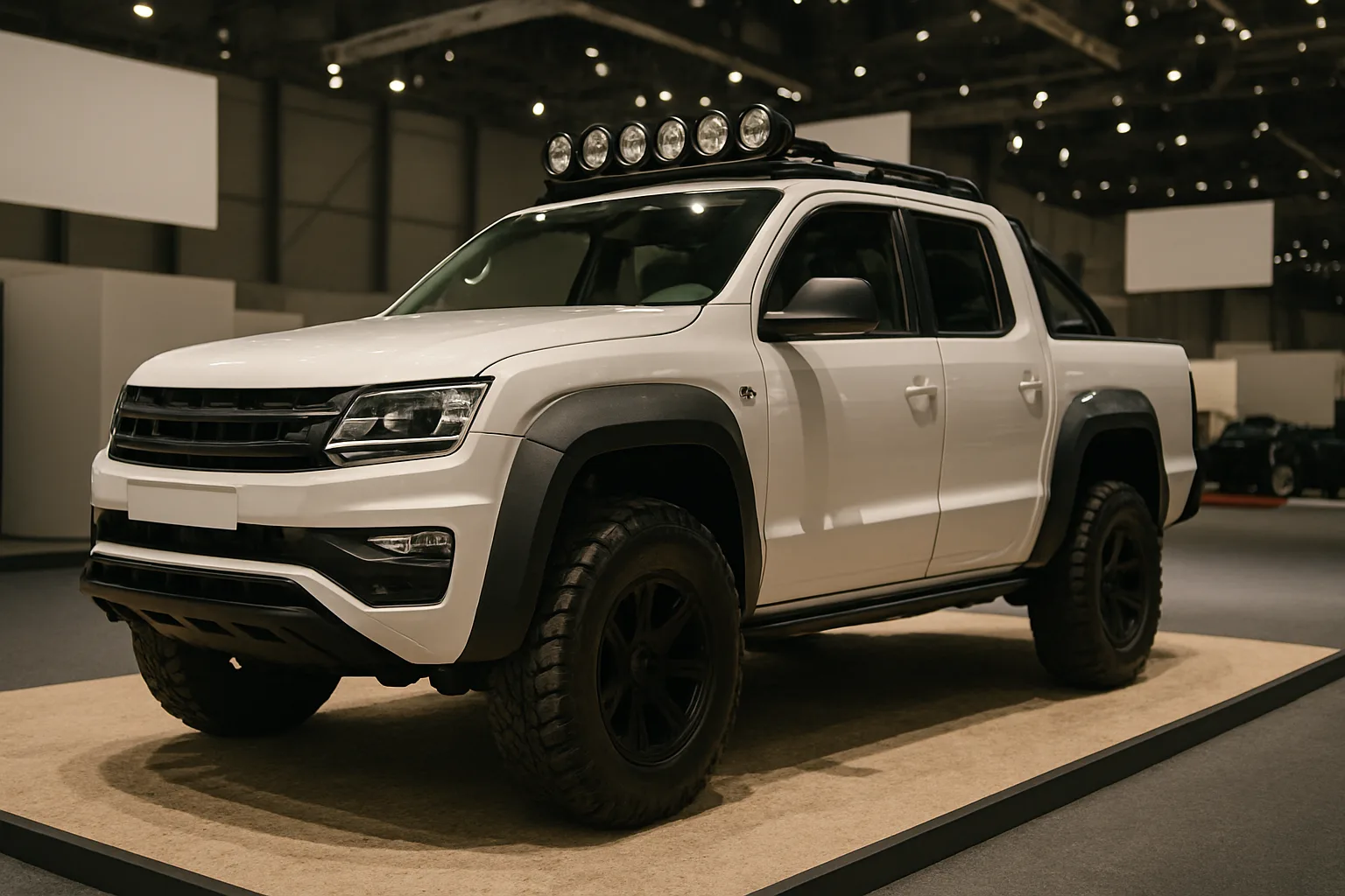 White pickup truck with large off-road tires, black trim, roof-mounted spotlights and matte black roll bar displayed indoors