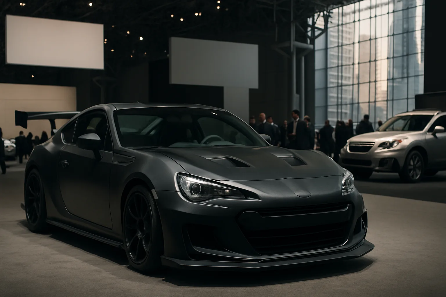 Matte black sports coupe with sculpted lines and sharp headlights on display indoors among people and other vehicles