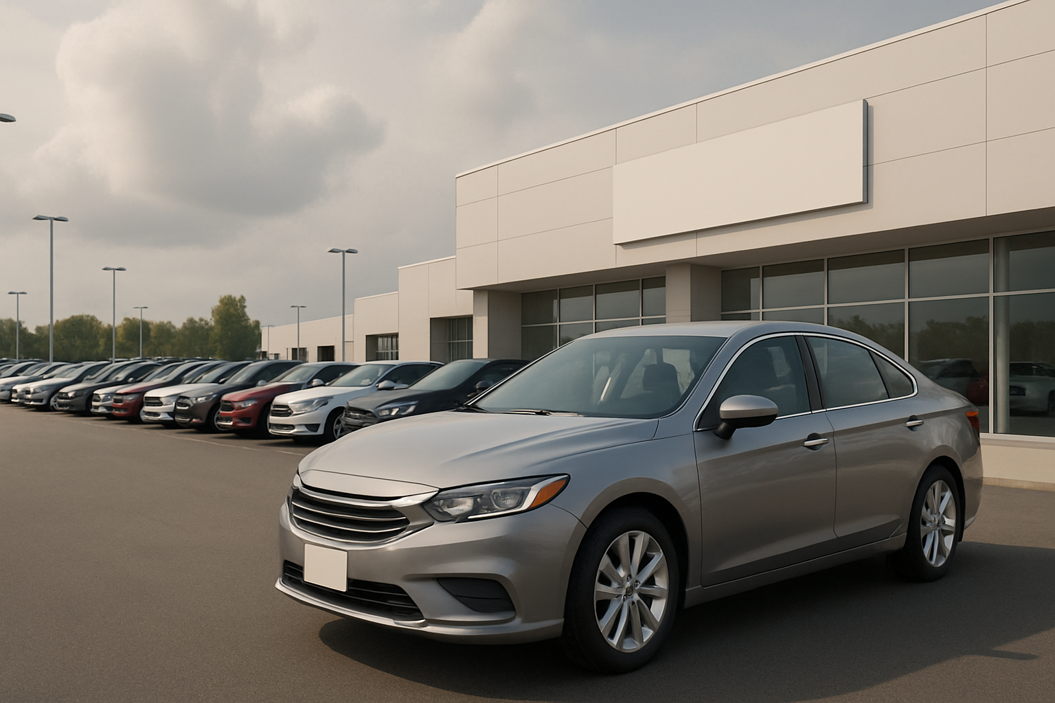 A row of parked cars in various colors lined up outside a modern car dealership under an overcast sky