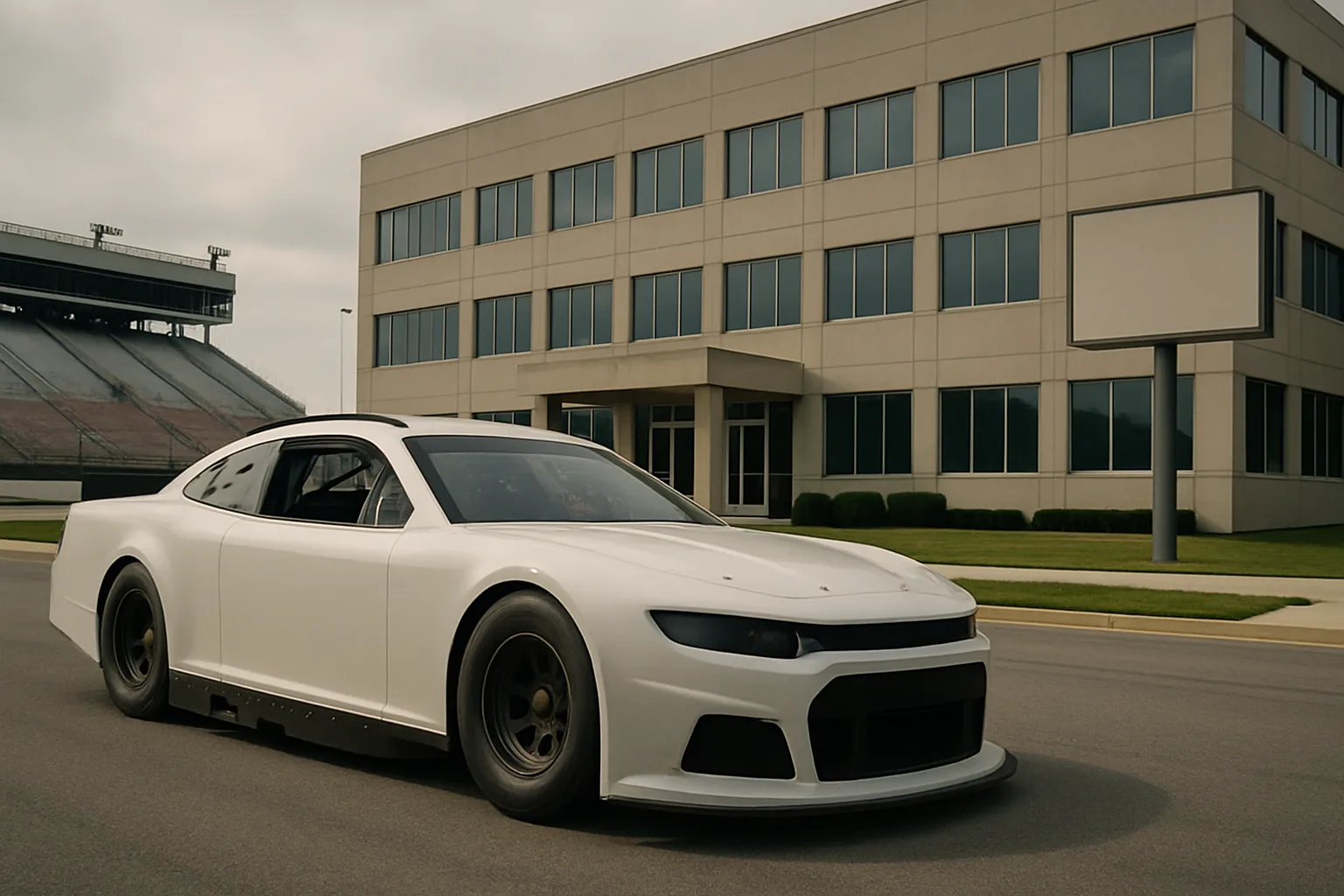 A matte white stock car with dark wheels parked on asphalt in front of a modern beige office building under overcast sky