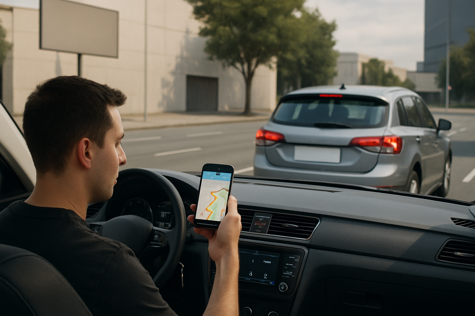 Man in a car holds a smartphone displaying a colorful navigation map while driving behind a silver hatchback on a city street