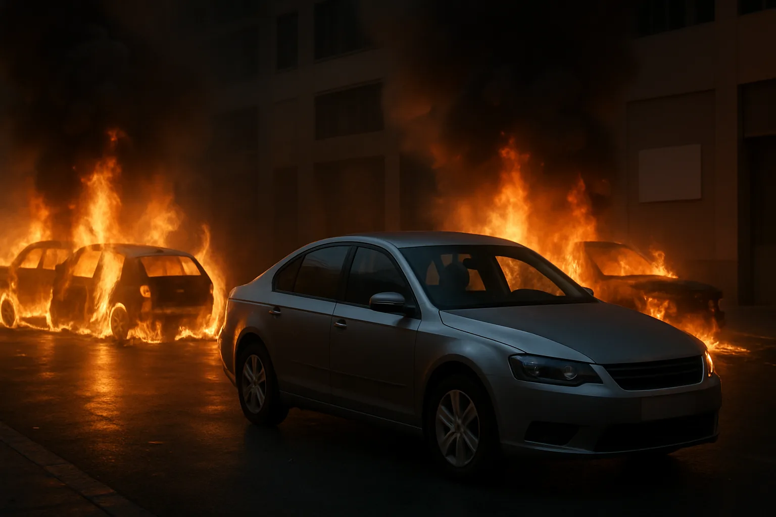 A silver sedan in the foreground stands on a dark street as two blazing cars burn behind it, smoke billowing into the night