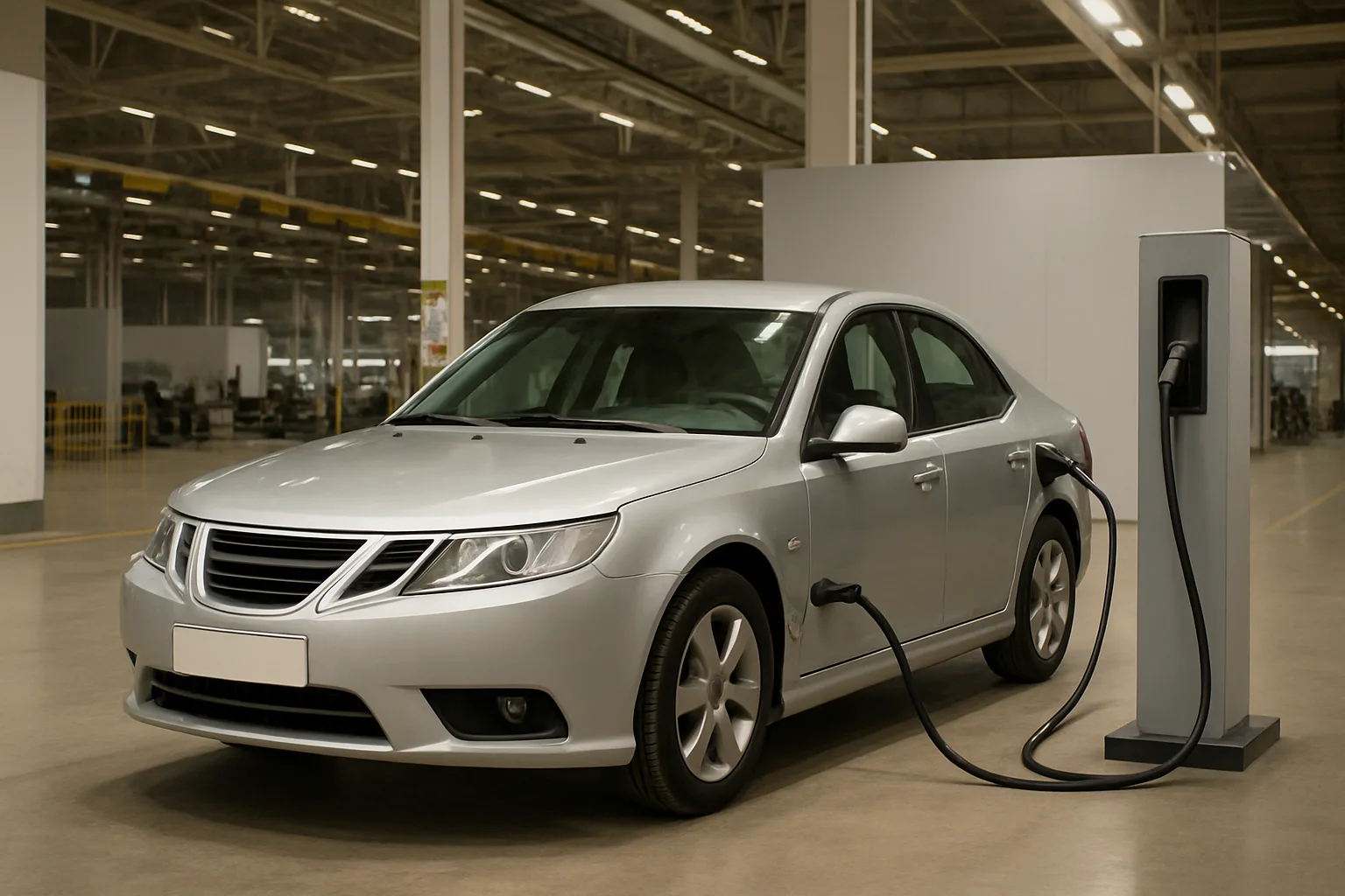 Silver sedan plugged into an electric charging station inside a spacious, well-lit industrial warehouse with high ceilings