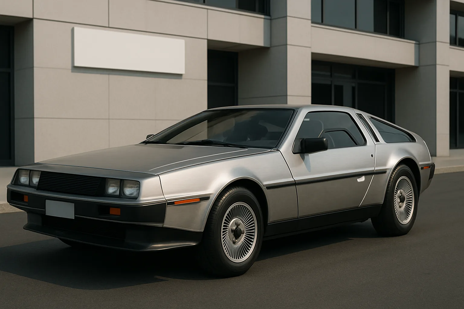 Wedge-shaped silver sports car with brushed metal finish parked on smooth tarmac beside a modern glass-fronted building