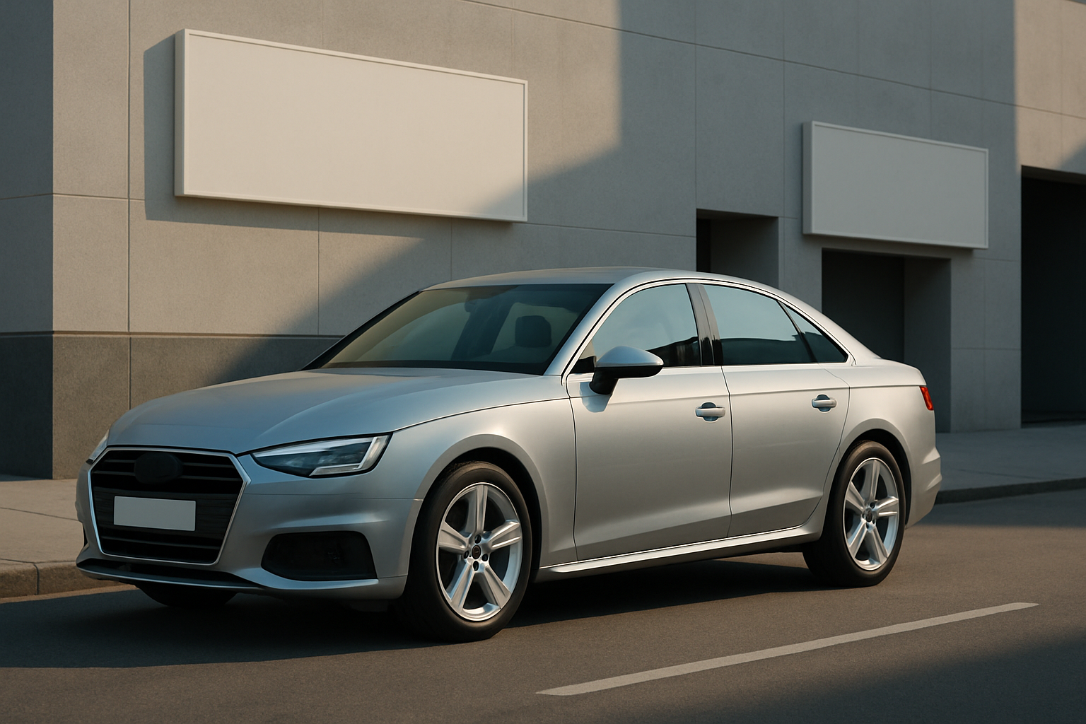 Silver sedan with sleek contours parked on a sunlit city street beside a modern concrete building
