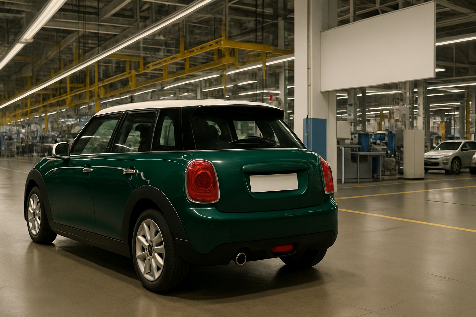 A green compact hatchback with white roof and blank number plates parked inside a spacious, well-lit factory with glass walls