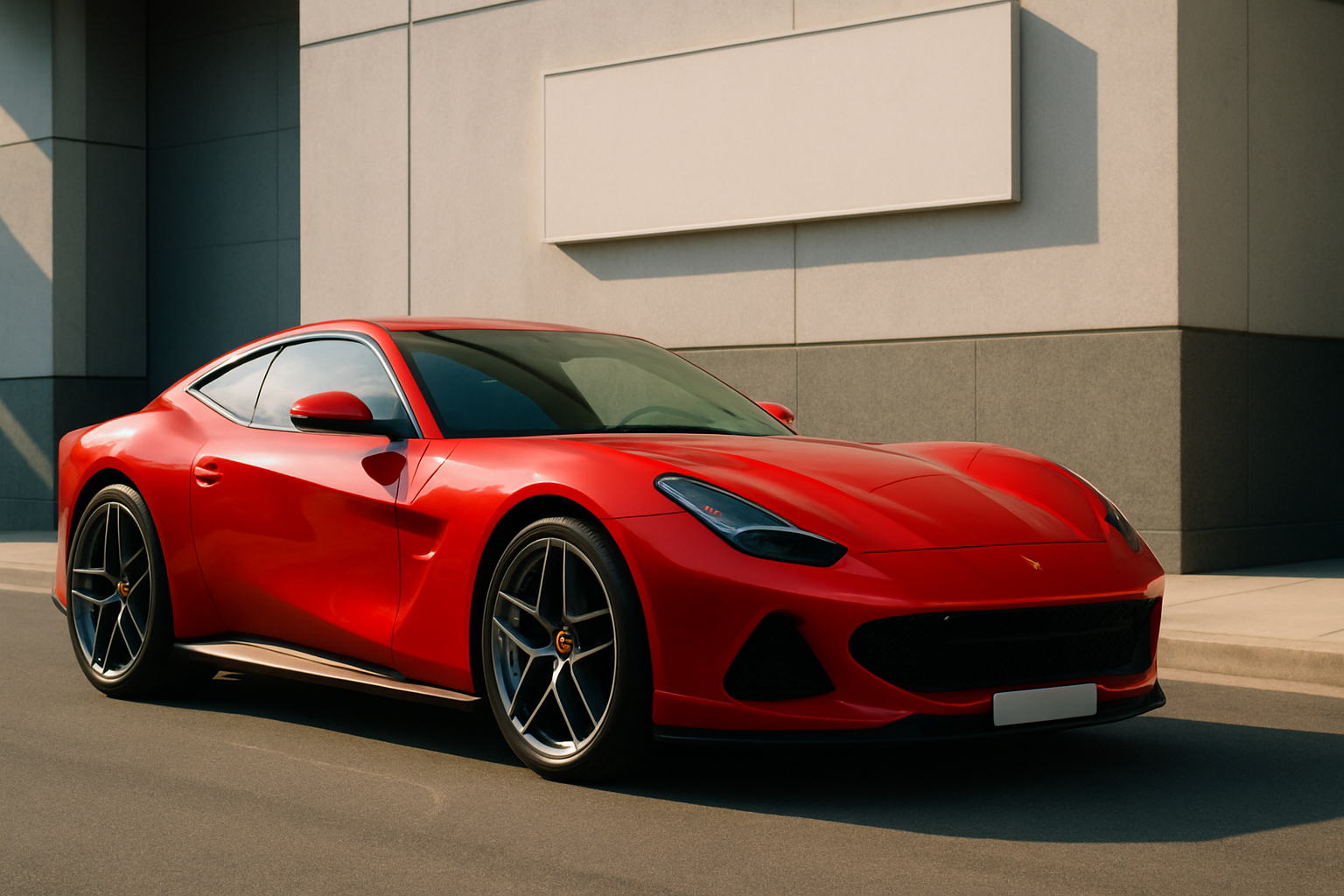 Red sports coupe with sculpted bodywork and large alloy wheels parked in sunlight beside a modern, minimalist building