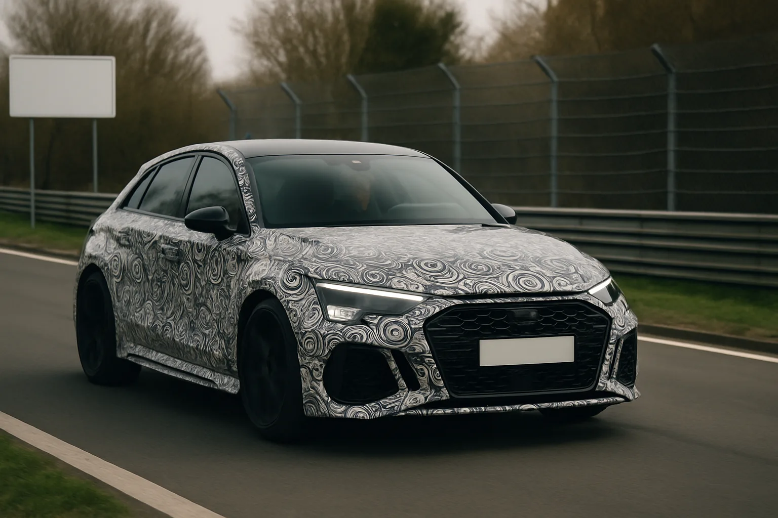 A camouflaged car with swirling black and white patterns driving on a track beside metal fencing and blurred trees