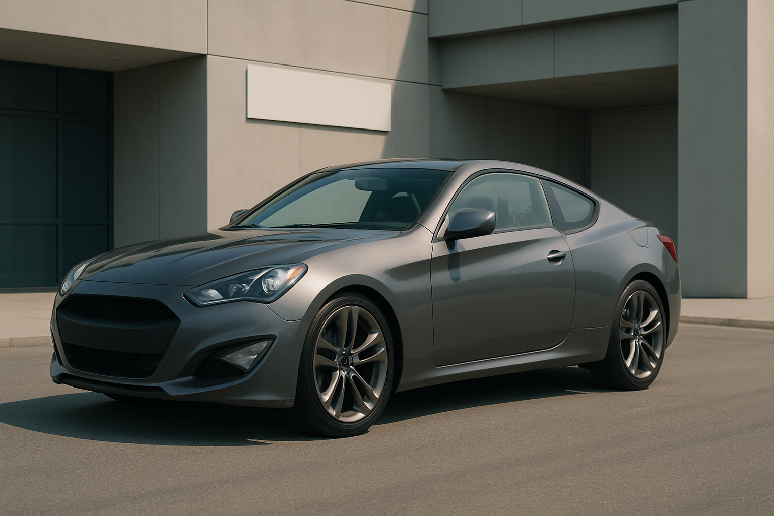 A sleek dark grey coupe with curved lines and tinted windows parked on a smooth pavement beside a modern concrete building