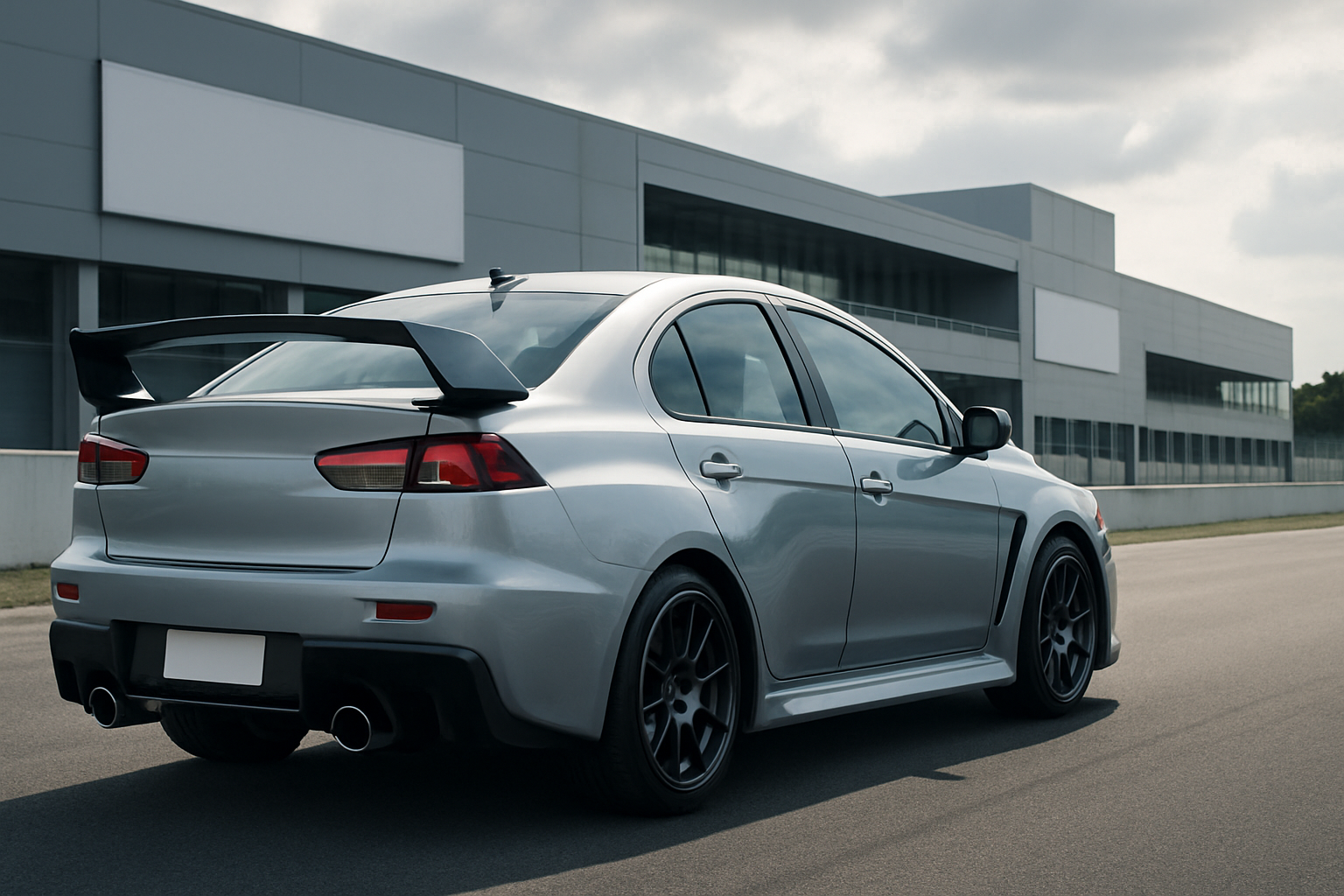 Silver sports sedan with black spoiler and wide tires parked on an empty road beside modern grey and white buildings