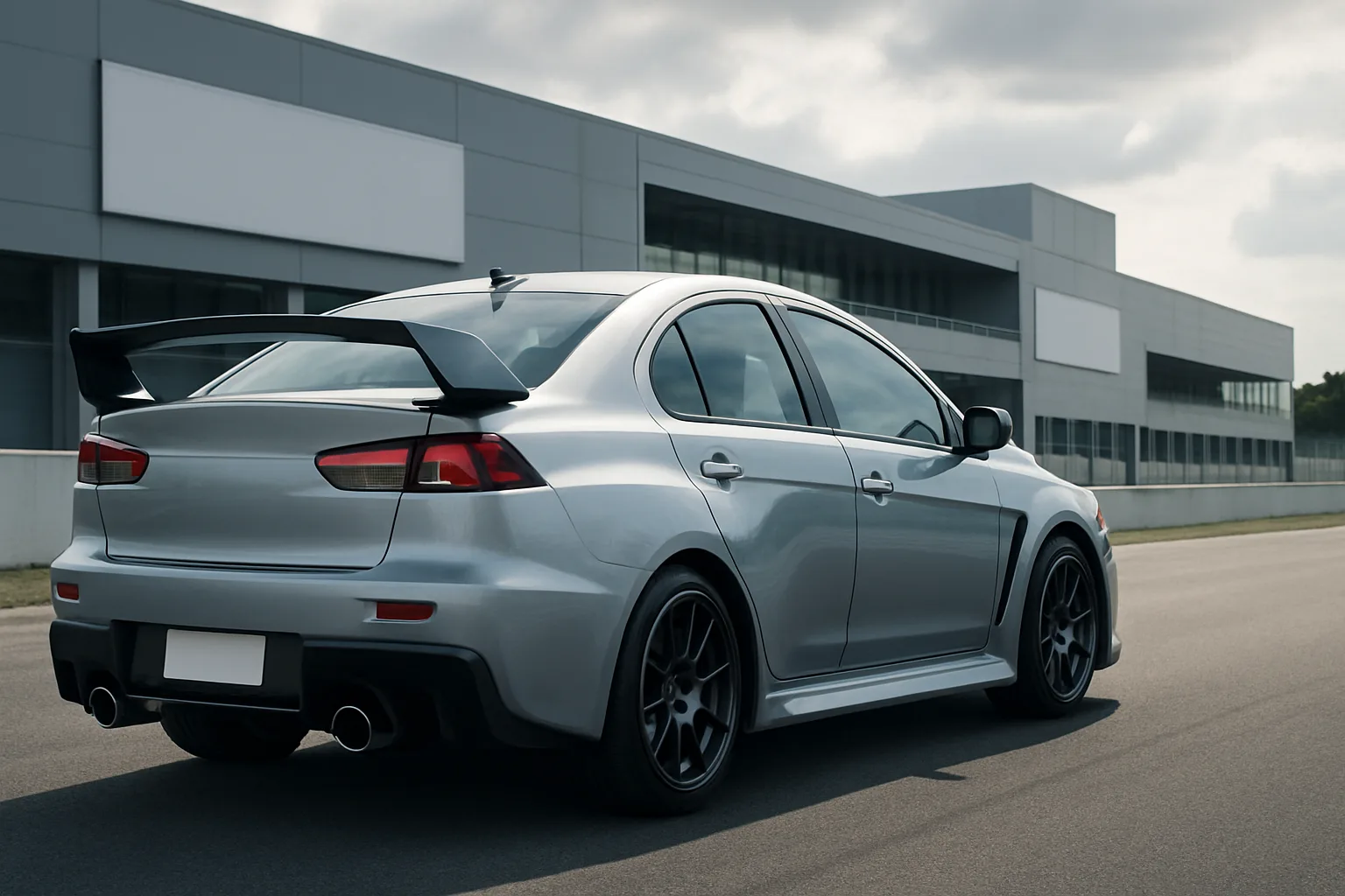Silver sports sedan with black spoiler and wide tires parked on an empty road beside modern grey and white buildings