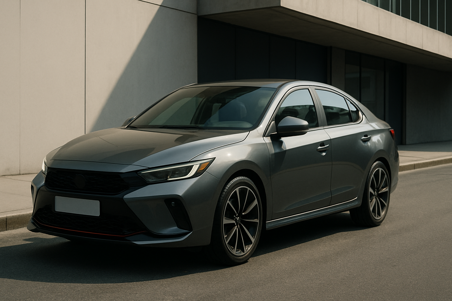 A sleek grey sedan with sharp lines and black alloy wheels parked on a sunlit street beside a modern concrete building