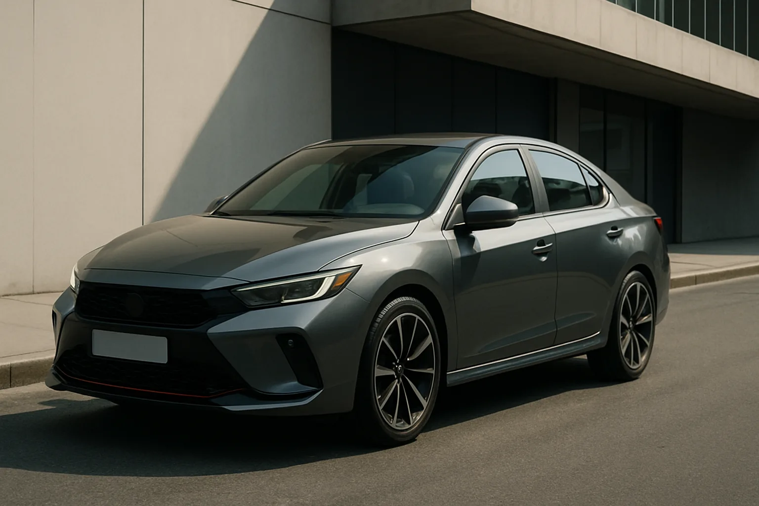 A sleek grey sedan with sharp lines and black alloy wheels parked on a sunlit street beside a modern concrete building