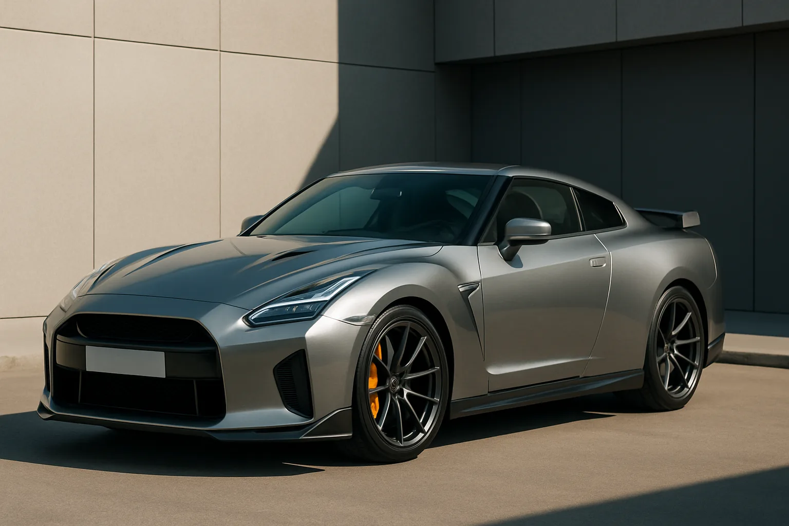 Sleek silver sports car with sculpted lines and dark tinted windows parked on sunlit concrete against a minimalist grey wall
