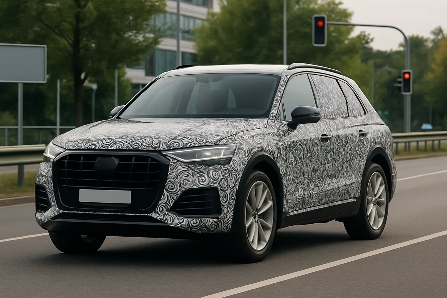Boxy SUV covered in swirling black and white camouflage wrap driving down a road with trees and traffic lights in the background