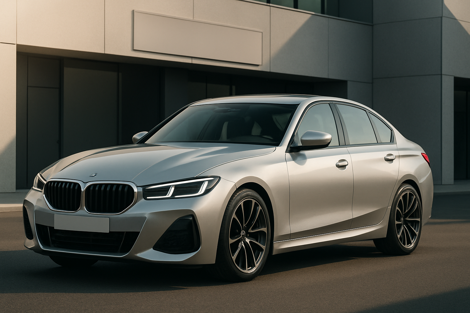 Sleek silver sedan with sharp LED headlights and dark alloy wheels parked in front of a modern concrete building in soft daylight