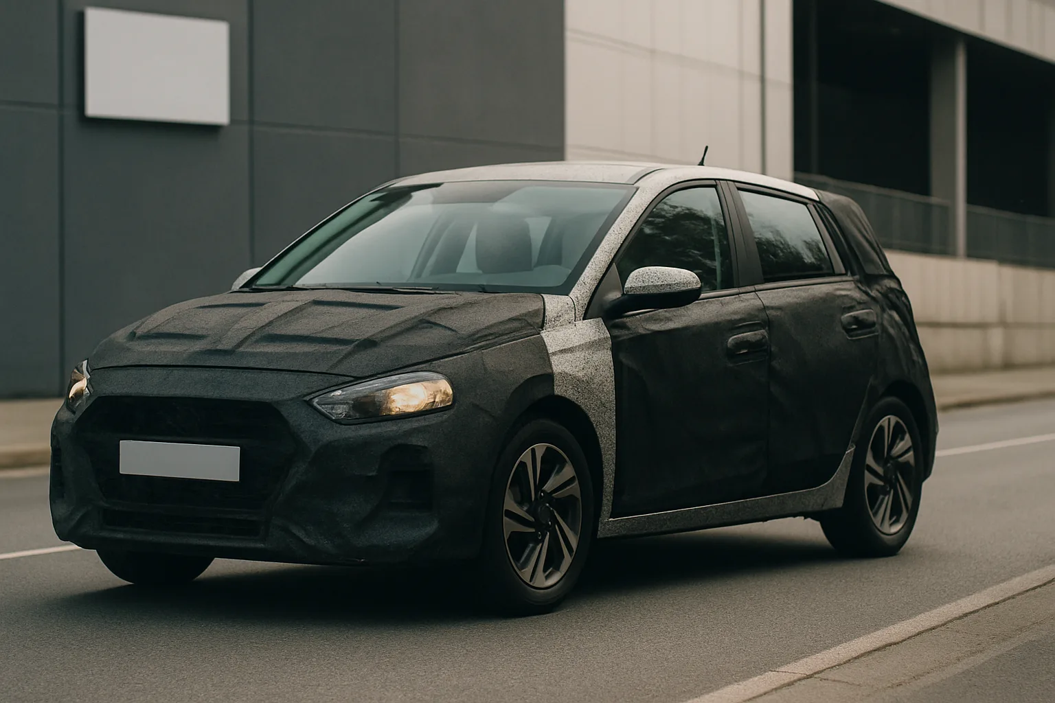 A small hatchback car covered in heavy black camouflage material driving on an urban street beside a modern building