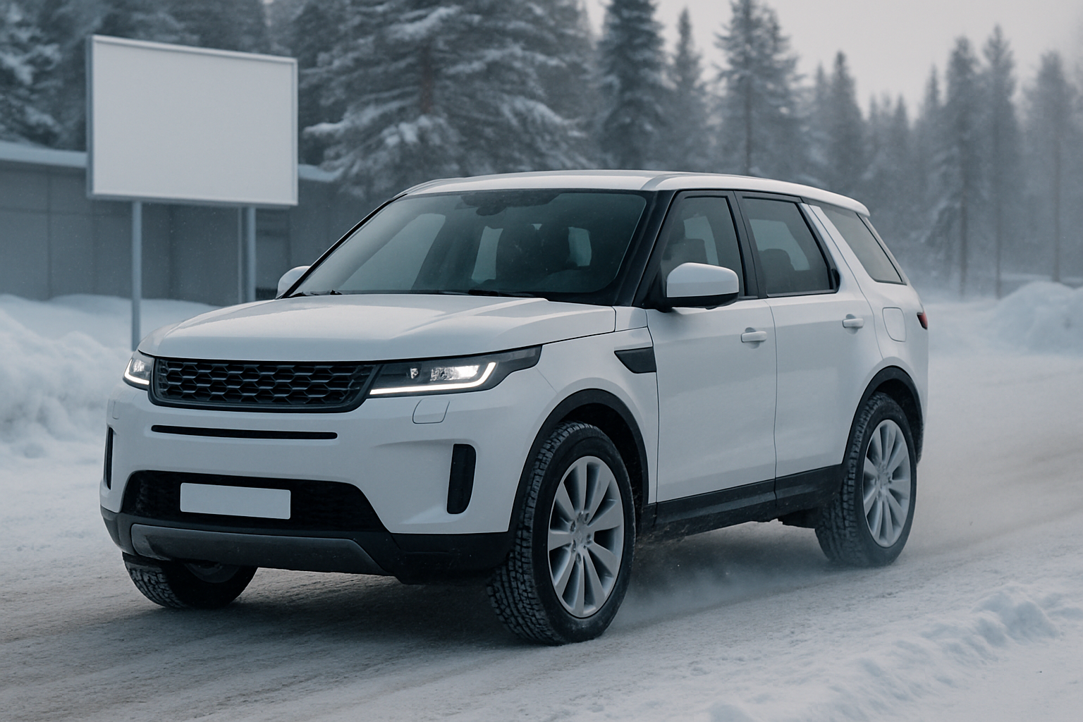 White SUV with black trim driving on a snowy road, surrounded by snow-covered trees under an overcast sky