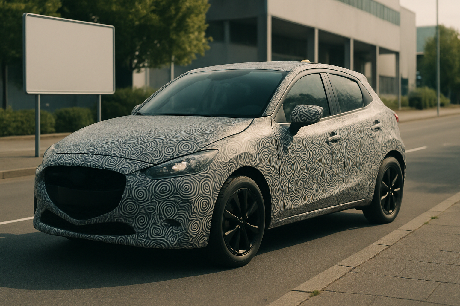 Compact hatchback with black wheels and swirled camouflage wrap parked on a sunlit street beside a modern building