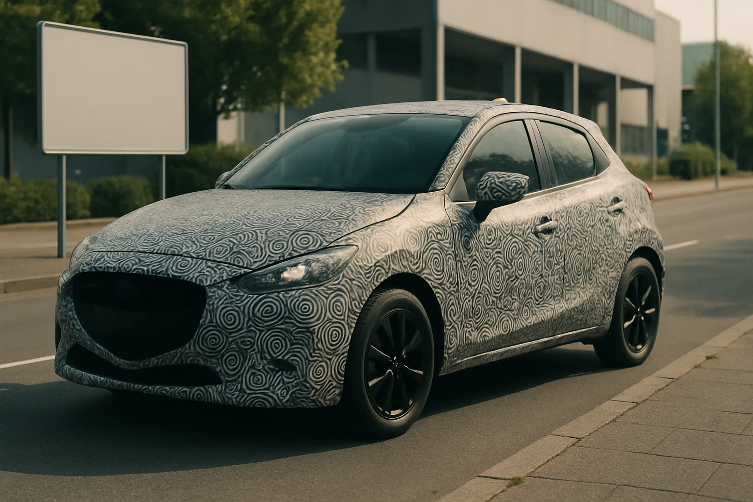 Compact hatchback with black wheels and swirled camouflage wrap parked on a sunlit street beside a modern building
