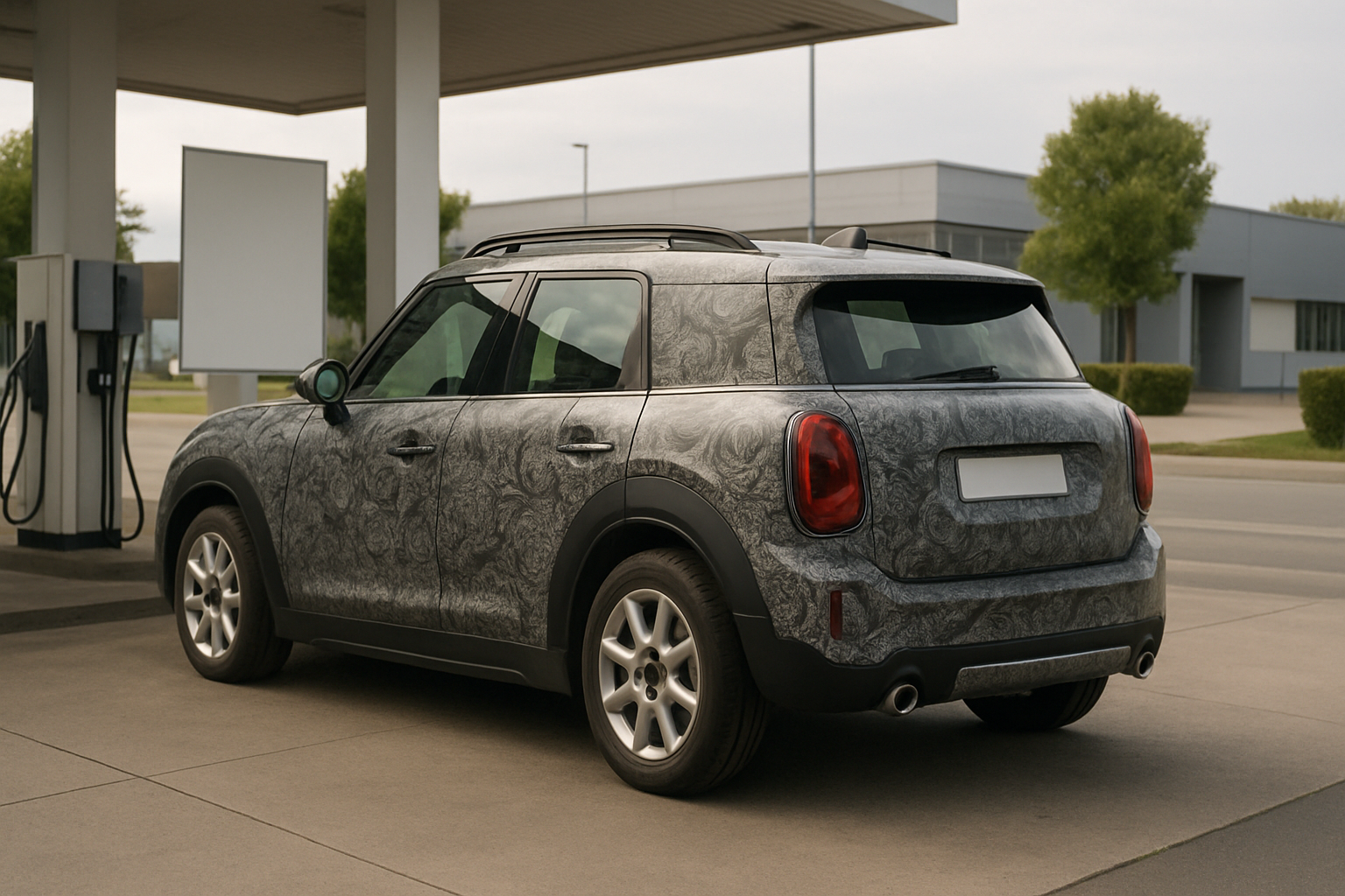 Boxy compact SUV with swirling patterned wrap parked at a fuel station under overcast sky, modern buildings in the background