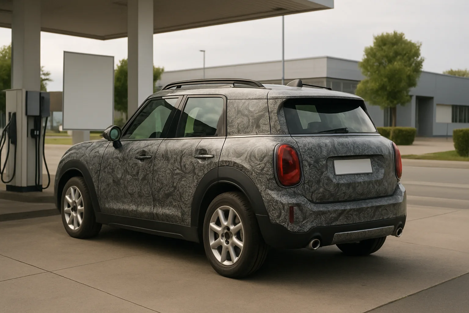 Boxy compact SUV with swirling patterned wrap parked at a fuel station under overcast sky, modern buildings in the background