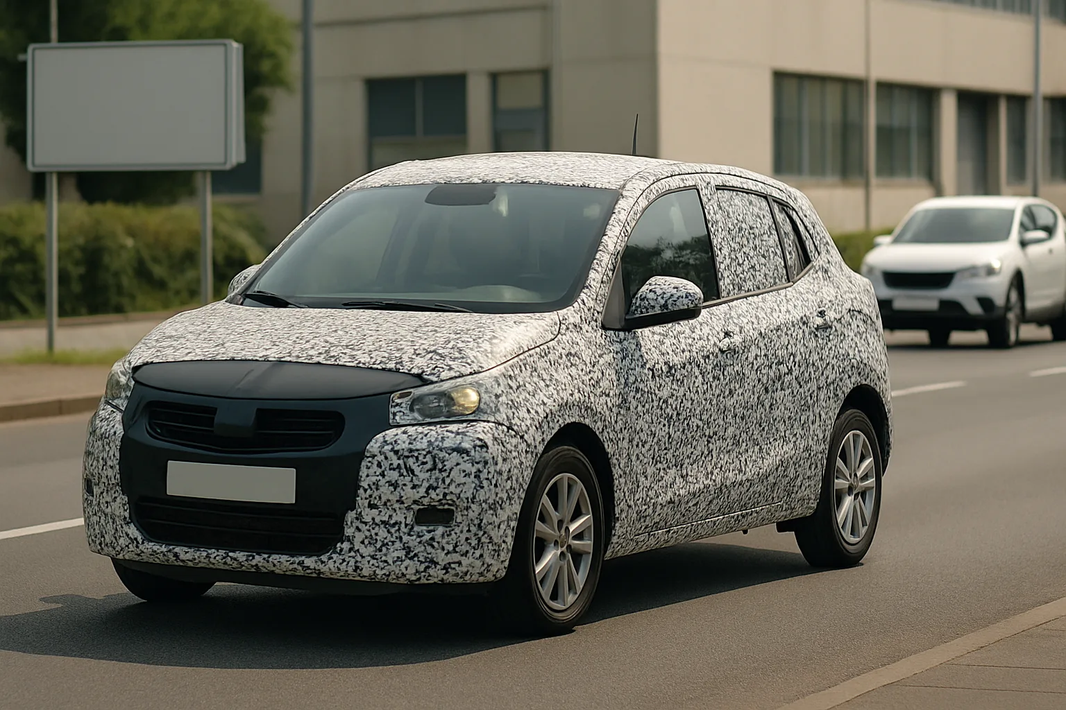 Small hatchback car with black and white camouflage wrap driving on a city street in diffuse daylight