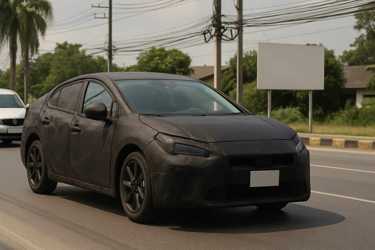 A matte black, four-door car with concealed details drives on a sunlit road lined with trees, wires, and blurred buildings