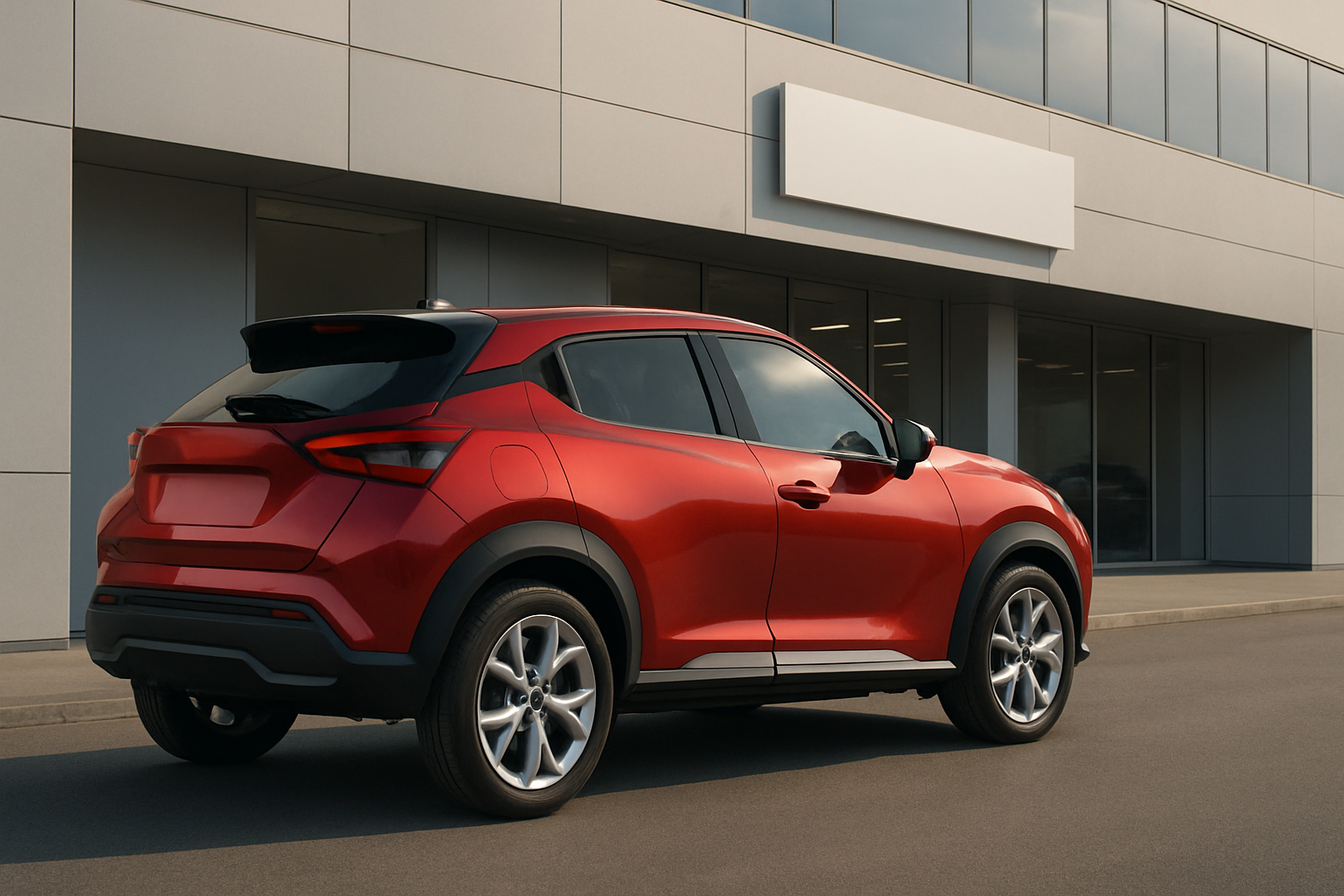 A metallic red compact SUV parked on smooth pavement beside a modern grey building with large windows