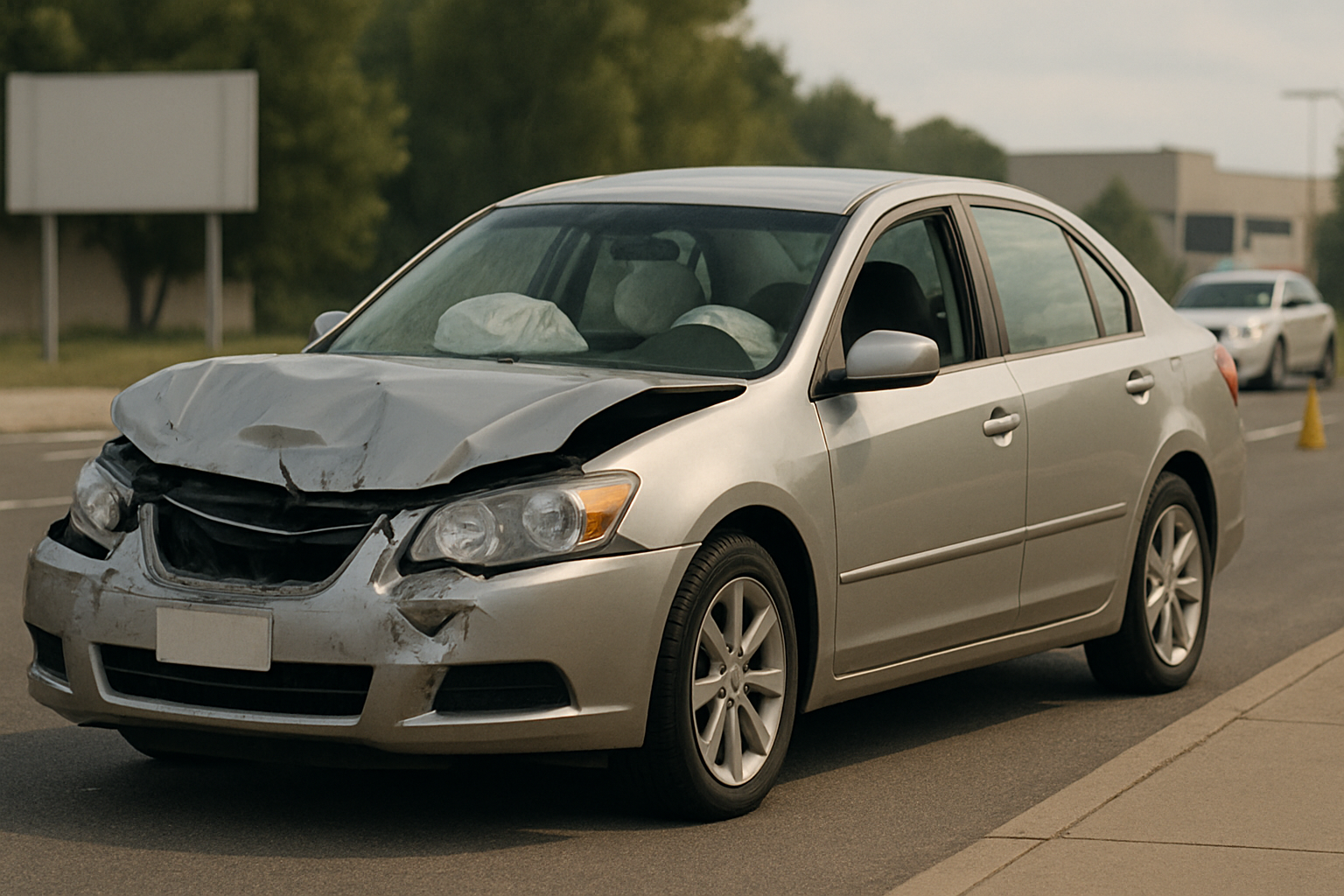 Silver sedan with a crumpled front end, missing bumper, and deployed driver-side airbag parked by the roadside