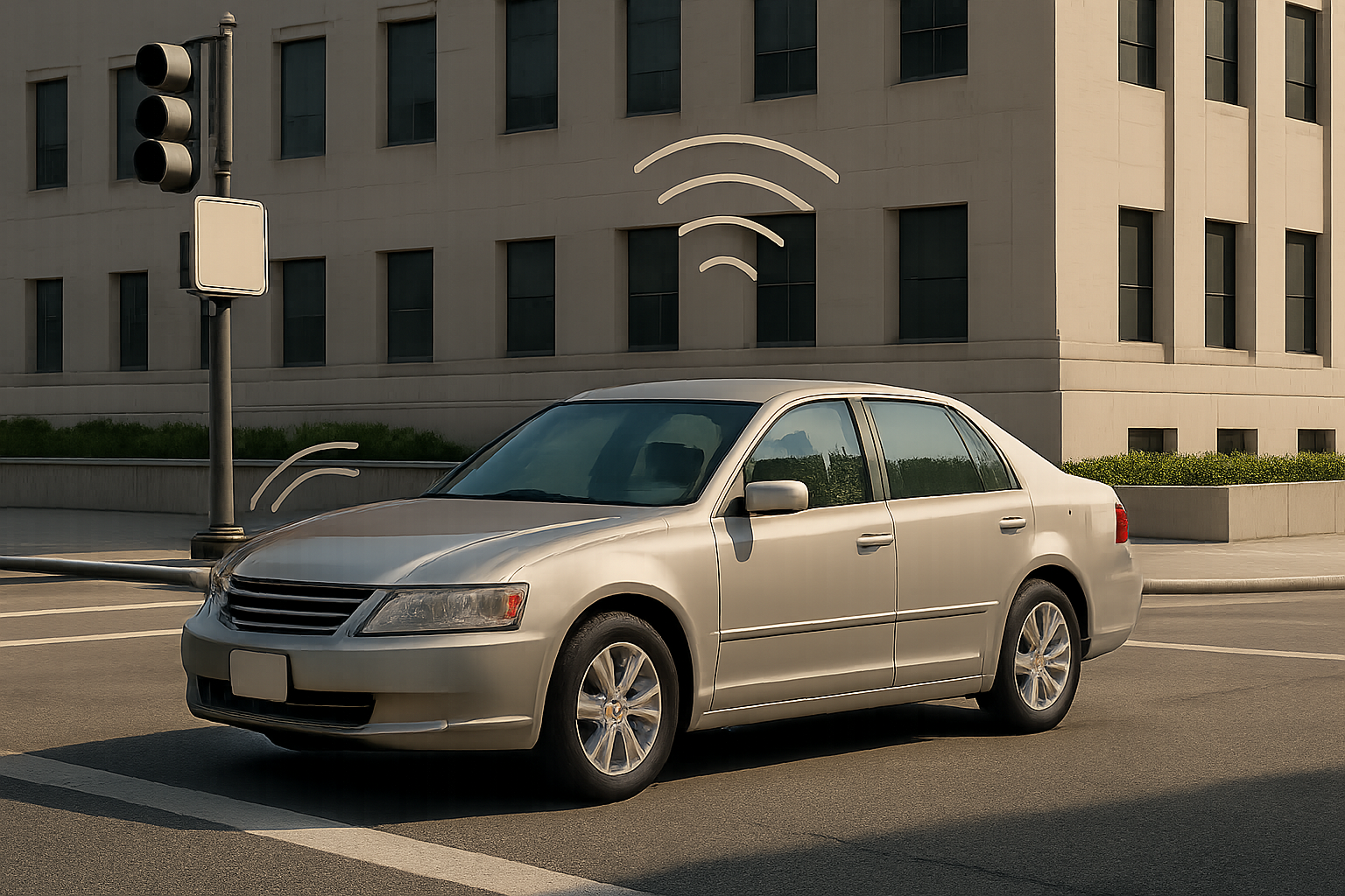 A beige sedan at a city intersection in daylight with animated signal arcs above the roof and front bumper