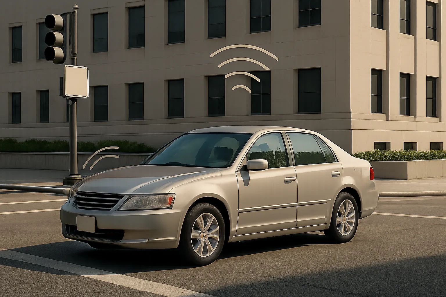 A beige sedan at a city intersection in daylight with animated signal arcs above the roof and front bumper