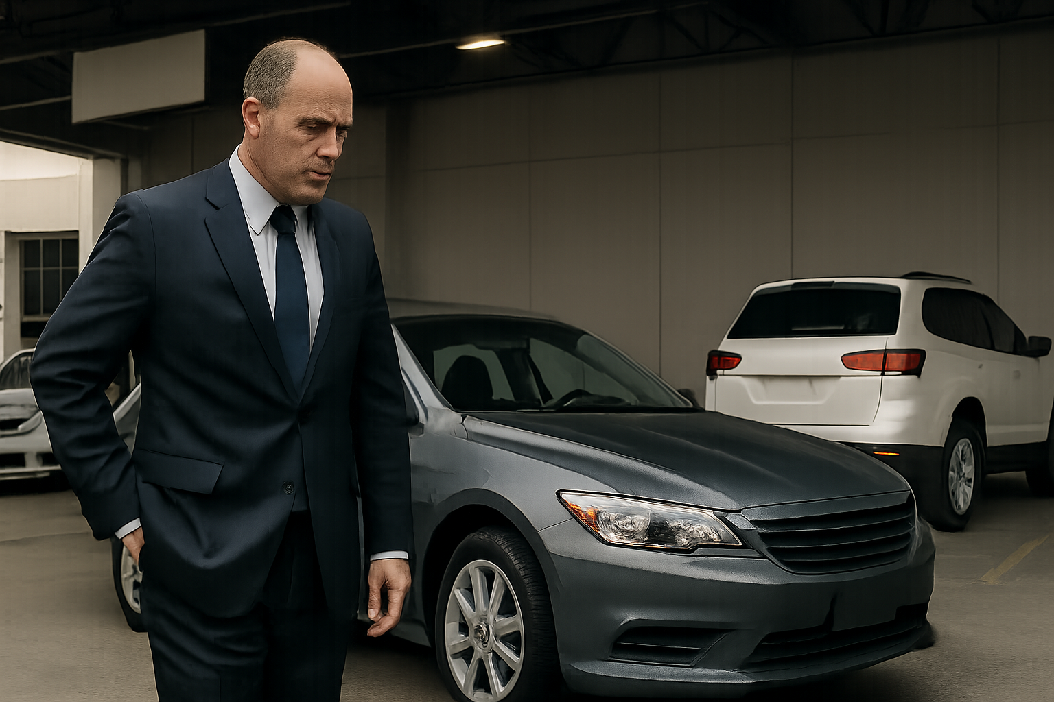 Bald man in a dark suit stands near a grey sedan and a white SUV in a covered parking area under soft lighting