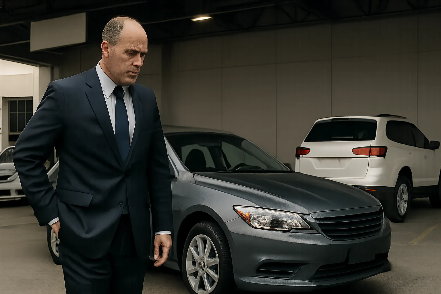 Bald man in a dark suit stands near a grey sedan and a white SUV in a covered parking area under soft lighting