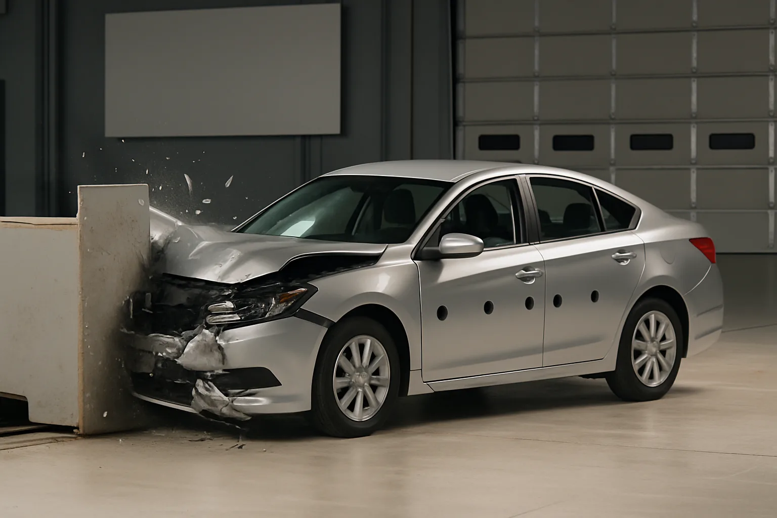 Silver sedan with black impact marks crashes front corner into a solid concrete barrier inside a large, well-lit garage space