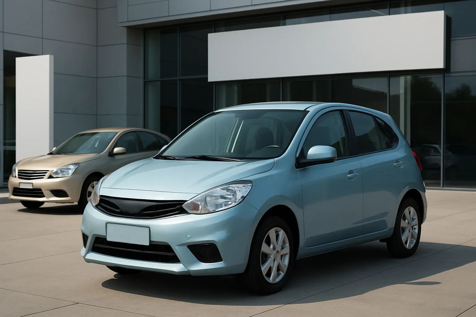A pale blue hatchback and a beige sedan parked on a clean forecourt outside a modern glass-fronted building