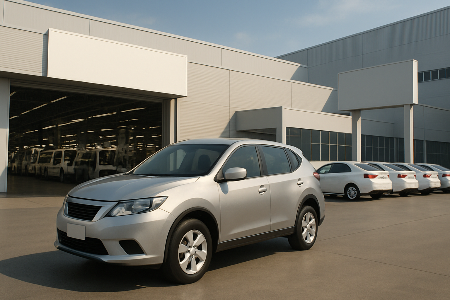 A silver SUV parked on a sunlit concrete lot with white sedans lined up in front of large modern factory buildings