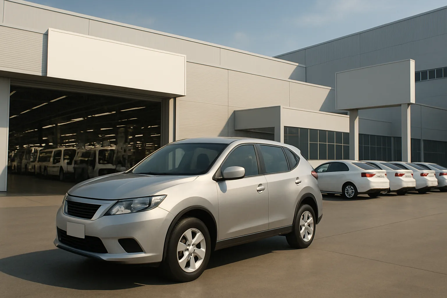 A silver SUV parked on a sunlit concrete lot with white sedans lined up in front of large modern factory buildings