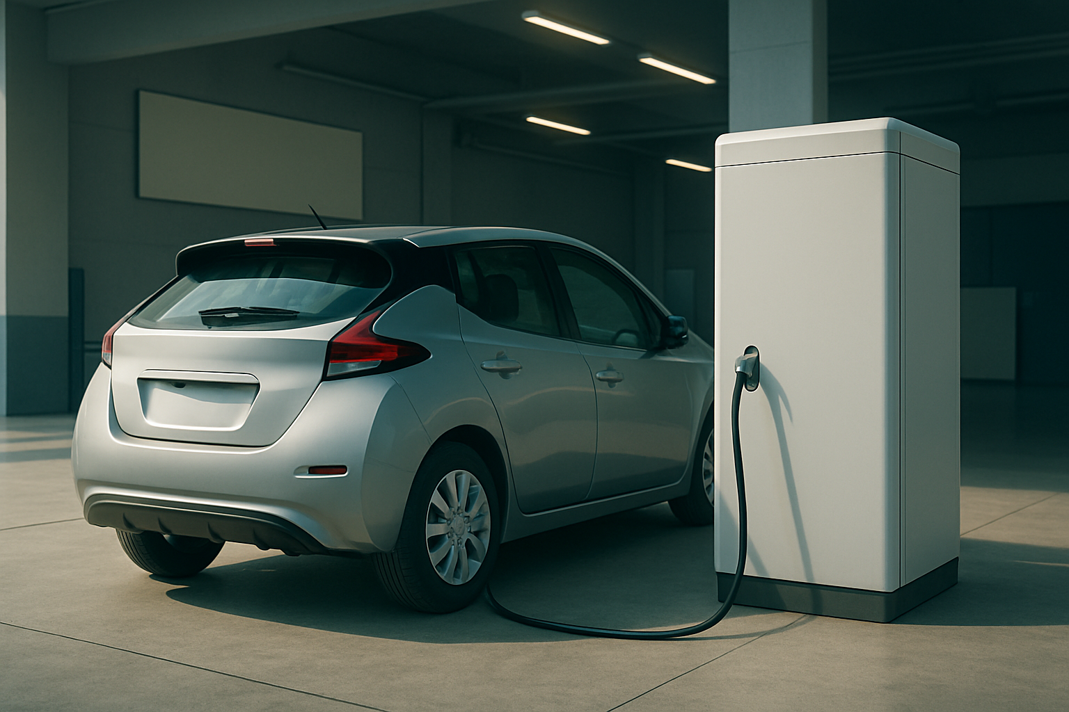 A silver compact hatchback parked indoors beside a tall white charging station under cool fluorescent lights